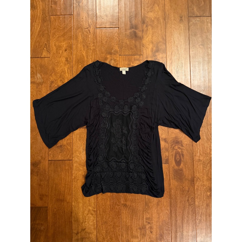 One World Blouse Womens XL Black Crochet Lace Kimono Sleeve Ruched Boho